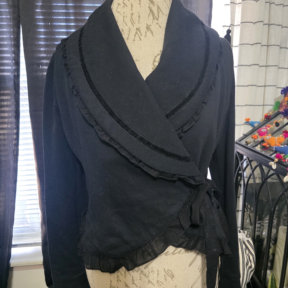 Anthropologie Black Ruffle-Trim Wrap Cardigan